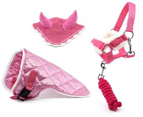 Ensemble d'accessoires Rose pour Hobby Horse et Cheval bâton : Licol moumoute avec Longe + Couverture + Bonnet Anti-Mouches