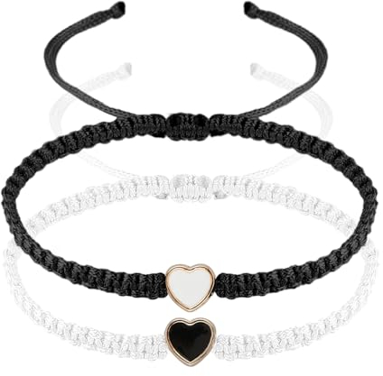 Telooco Herz Glücksarmband 2 Stück Paar Armband Damen Verstellbares Armkette Mädchen Freundschaftsarmband Handmade Geflochtenes Armband Geschenk für Jahrestag Freund Freundin (Schwarz, Weiß)