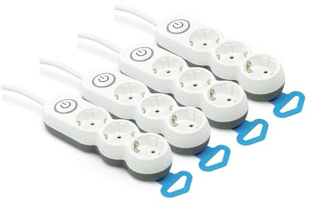 Garza - Pack de 4 Regletas de 3 enchufes con Interruptor y protección Infantil, Enchufe Plano, Cable de 1,4 Metros, Blanco, 600 ml