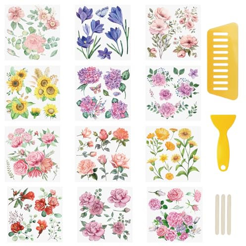 WANDIC 6 Blatt Transferaufkleber Zum Aufreiben, Frühlingsblumen-Aufkleber, Wasserfeste Aufkleber, Möbel- Und Handwerksaufkleber Für DIY-Scrapbooking