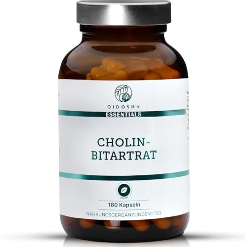 QIDOSHA® Cholin Bitartrat Kapseln hochdosiert, 180 Stk im Apothekerglas, volle 760mg Cholin-Bitartrat je Kapsel, vegan, laborgeprueft, deutsche Fertigung // NEU: höhere Wirkstoffmenge