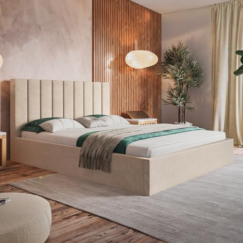 MOTIVENA Wiko Bett 180x200 Samt, Polsterbett 180x200 mit Bettkasten, mit Stauraum, mit Lattenrost, mit Kopfteil, ohne Matratze, Beige