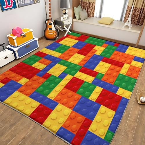 3D Optik Teppiche 60x90 cm Baustein Muster Kinder Teppich Waschbarer | Weiche Kurzflor Teppich für Kinderzimmer Spielzimmer, Kinder & Haustierfreundlich Rutschfest Teppich, Pflegeleicht