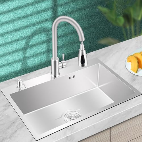 Lavello Cucina in Acciaio Inox 1 Vasca Lavabo da Appoggio, Incassoda o Filotop,Lavello Vasca Singola Durevole con Rubinetto Estraibile + cestello telescopico (60x45cm)