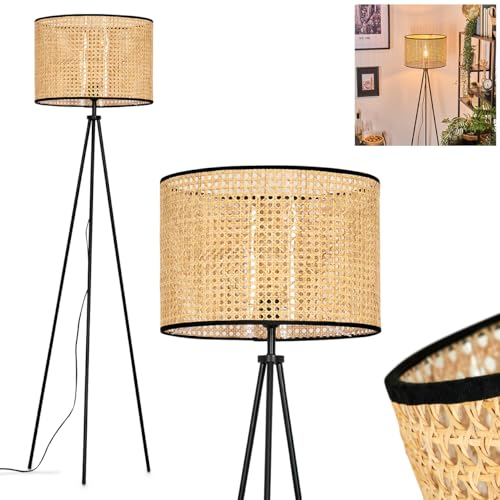 Stehleuchte Ramila, Stehlampe aus Holz/Wiener Geflecht/Rattan in Naturfarben/Schwarz, Leuchte im skandinavischen Design mit rundem Schirm (Ø 40cm) u. Fußschalter, Höhe 155cm, 1x E27, ohne Leuchtmittel