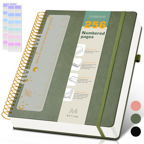 Spiralbuch, A4, 21,6 x 27,9 cm, 256 nummerierte Seiten, Hardcover, Leder-Tagebücher für Damen und Herren, großes liniertes College-Notizbuch, 100 g/m² dickes Papier, Spiralbindung, Tagebuch für