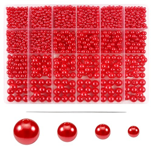 TOAOB 1500 Stück Perlen Rot Kunstperle Perlen zum Auffädeln Schmuck Runde | Pearls mit Loch Set für Jewelry Making 4mm 6mm 8mm 10mm für Dekorieren Kleidung für Halsketten Armbänder Schmuckherstellung