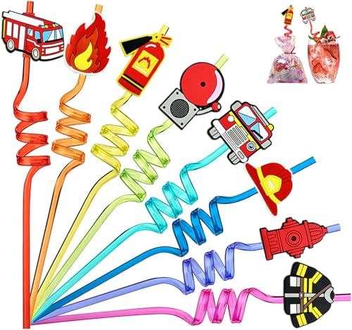 16 Stück Feuerwehr Geburtstag Party Deko, Mitgebsel Kindergeburtstag,Feuerwehrmann Kindergeburtstag deko,Wiederverwendbare Trinkschleife Strohhalme.