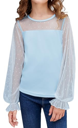 Arshiner Girls Long Sleeve Top Chiffon Kids Lantern Sleeves T-Shirts Round Neck Fashion Casual Shirt Elegant Spring Fall Winter Tee Shirt for Girls 9-10 Years Light Blue