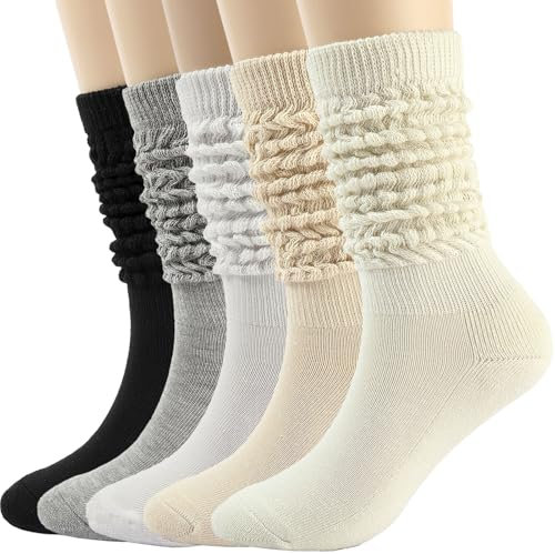 GFORI 5 Paar Kniestrümpfe Damen Slouch Socken, Weicher Stulpen Socken Baumwolle Beinwärmer Lange Socken Dicke Stiefelsocken, Schwarz Weiß Grau Beige Khaki Einheitsgröße