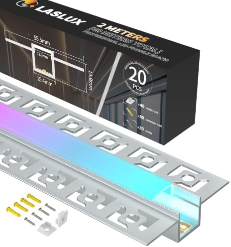 LASLUX LED Aluminium Profil 20 x 2m(40m) Aluminium Trockenbauprofil für LED Streifen bis 12 mm Breite mit milchweißer PC-Abdeckung und Zubehörset(SP46)