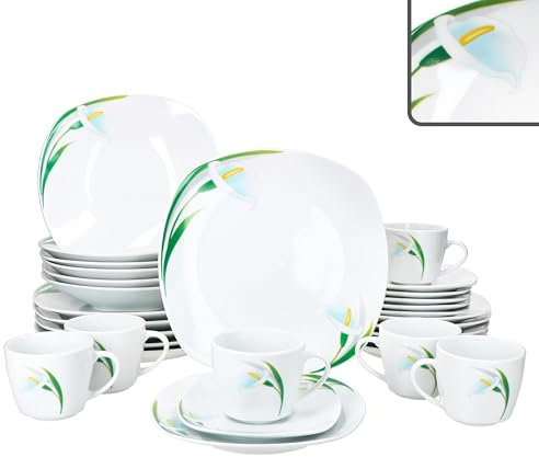 MamboCat 30tlg Kombiservice White Calla I florales stilvolles Porzellan-Geschirrset mit Blumen-Dekor für 6 Personen I Je 6x Tassen, Untertassen, Kuchenteller, Suppenteller & Speiseteller