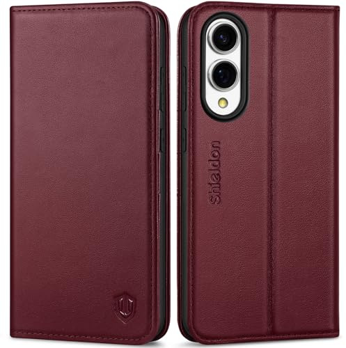 SHIELDON Lederhülle für Galaxy S25 Edge 6,7 5G 2025, Weinrot | Echtleder, RFID-Blocker, Kartenschlitz, Magnetverschluss, Stoßfeste Cover Etui, TPU Case, Lederhülle, Klapphülle