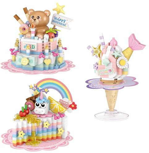 MEIEST 3-Packs Lebensmittel Modellsatz für Bausteine,Nette Simulation Dessert Sammlung Partikel BAU Gebäude Ziegel Spielzeug,Heimdekor (Buntes Dessert)