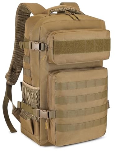 HUNTVP Sac a Dos Militaire, 30L Sacs à Dos de Randonnée Molle Tactique Sac D'assaut Armée pour Trekking, Voyage, Trekking, Camping, Escalade, En Plein Air (30L-Marron)