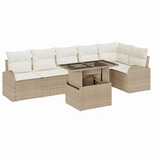 vidaXL 7-teiliges Gartensofa-Set mit Kissen in Beige aus Poly-Rattan – für 6 Personen, modulares Lounge-Möbel für die Terrasse