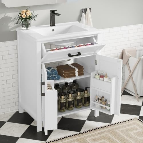 OOIILLEE Meuble Salle de Bain avec Vasque 60x46x84,8cm, avec étagères réglables, Meuble sous Vasque avec tiroir et étagère à Double Porte, entièrement laqué, Vasque en céramique intégrée, Blanc