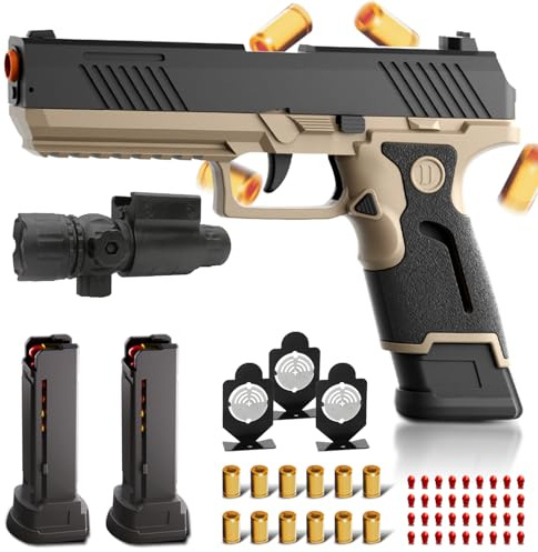 XYELLOWICON Upgrade Shell Ejecting Toy Guns Fidget Gun Pistol, 2 Detachable Magazines,12 Shell 60 Soft Bullets With 3 Metal Target, Gifts for Kids