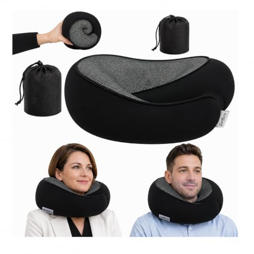 Goodbless Nackenkissen mit 360 Grad Kinnstütze, Reisekissen aus Memory Foam | Nackenstützkissen für Flugzeug, Auto, Zug und Büro, ergonomisch, verstellbar per Klettverschluss, 300 g, mit Tasche