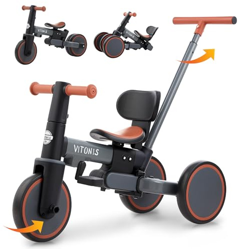 VITONIS Vehículo sin Pedales a Partir de 1 año, Triciclo 5 en 1 con Barra de Empuje para niños, Regalos y Juguetes para niños y niñas, Gris