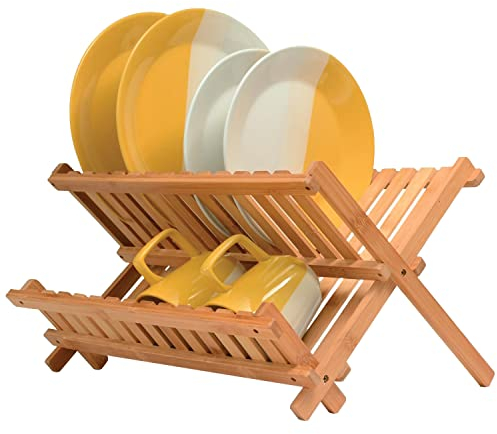Escurridor de platos plegable de madera de bambú.Hecho de bambú natural 100%, para colocar platos y tazas, vasos y otros utensilios en la parte inferior. Fabricado por:Bambüsi.