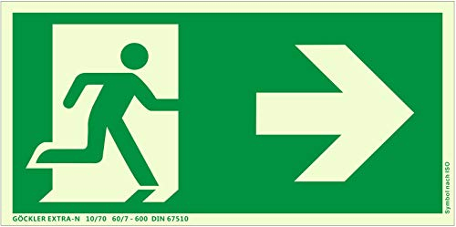 Hochwertiges Notausgangsschild stark langnachleuchtend + selbstklebend – Kunststoffplatte EXTRA-N - Pfeil RECHTS - Notausgang Schild grün – DIN 67510 / ISO 7010 (300 x 150 mm)