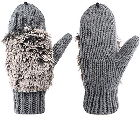 Winter Handschuhe Damen Mädchen Fäustlinge Cartoon Igel Damenhandschuhe Outdoor Indoor Warme Handschuhe Verdickte Winterhandschuhe Strickhandschuhe mit Schnur als Weihnachten Geschenk