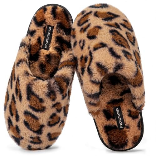 Snug Leaves Women's Fuzzy Scuff Slippers Soft Comfy Memory Foam Non-slip Indoor House Shoes (Cheetah Brown, Size 7-8)