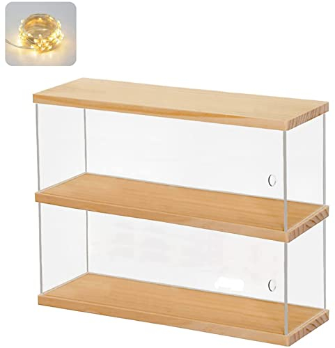 Acryl Vitrine Schaukasten mit Licht 2 Stufen, Transparent Display Case Box für Popmart Collectibles, Mini Vitrine Klein mit Tür für Lego Figuren, Actionfiguren (Hölzernes, 39.5x9.6x27.5cm)