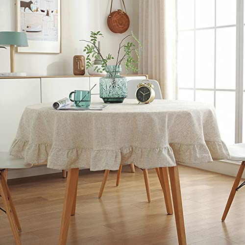 Lsimeru Vintage Tischdecke Abwaschbar Rund 120cm mit Rüsche Beige Rustikal Landhaus Tafeldecke Tischtuch Tischwäsche Tischdeko Esstisch Garten