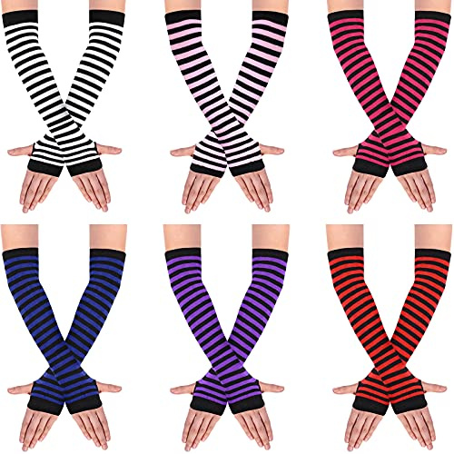 SATINIOR 6Pairs Long Fingerless Gloves Women Striped Arm Warmer Punk Gothic Rock Y2k Emo Scene Striped(Bright Color,6 Pairs)