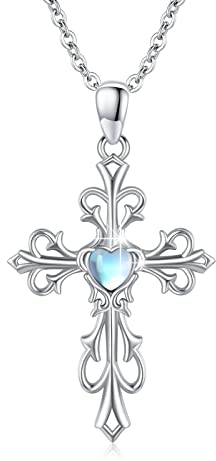 JFASHOP Barock Kreuz Kette S925 Sterlingsilver Herz Mondstein Christus Vintage Bohemian Gothic Halsketten Anhänger, Geschenk für Frauen Mädchen Schmuck
