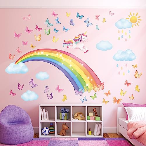 DECOWALL SG2-2309 Rainbow Wall Decals Unicorn Rainbow Butterflies Clouds Wall Stickers Baby Nursery Girls Bedroom Living Room Wall Décor