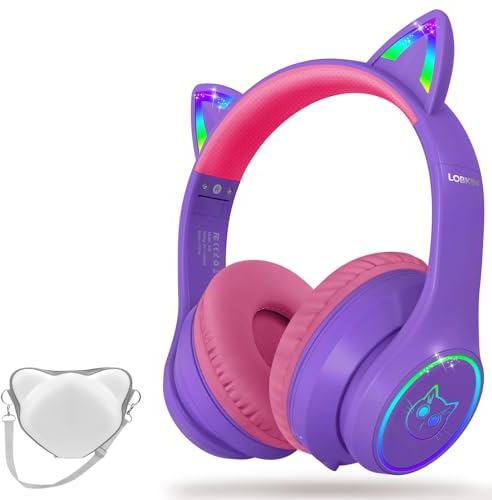 LOBKIN Auriculares Niños con Bolsa, Inalámbricos y con Cable, Auriculares Bluetooth Niños Niñas Plegables Ajustable para Escuela, Viajes