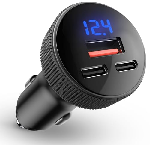 108W USB C Car Charger, Dual PD45W QC3.0 USB Cigarette Lighter Charger Adapter, Fast Car USB Charger with Digital Voltmeter Compatible with iPad Tablets, ect.