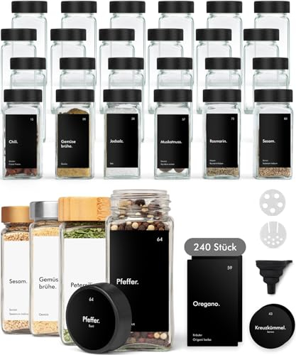 KIVY Gewürzgläser mit Streueinsatz [24x 120ml] + 240 Wasserfeste Label - Luftdichte Gewürzgläser Schwarz - Gewürzstreuer Glas Sticker - Gewürzgläser schwarzer Deckel - Gewürzdosen Schwarz