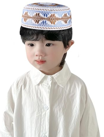 IBLUELOVER Chapeau Musulman Enfant Bonnet Islamique Garçon Bonnet de Prière Broderie Coton Casquette Calotte Traditionnel Arabe Chapeau Rond pour Eid Ramadan Prier Eid Cadeau Chapeau d'été Hiver
