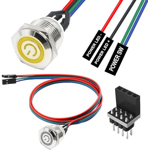 Xiatiaosann 16mm Chassis Switch Host Metal Button Cable, PC Case LED Power Button ATX Supply On/Off Extension Cord for DIY Computer Switch, with 1 to 2 splitters (Yellow)