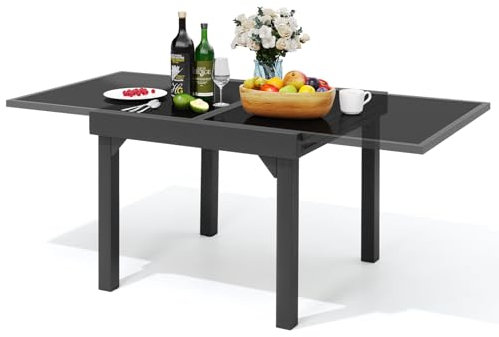 PATIOHIT Table de salle à manger d'extérieur moderne en aluminium – Table de salle à manger extensible en verre pour 15 à 20 cm, table extensible en aluminium de 88,9 cm à 177,8 cm pour jardin,
