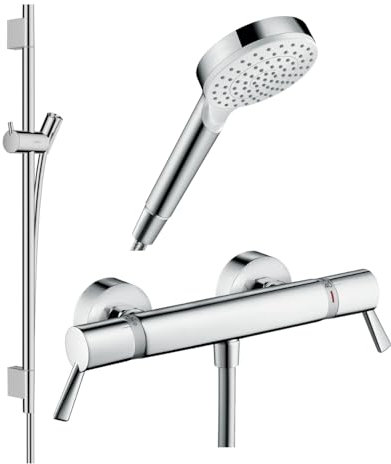 Pack mitigeur douche thermostatique HANSGROHE Ecostat Comfort Care + Barre Unica S Puro + flexible + Pommeau Crometta blanc/chromé