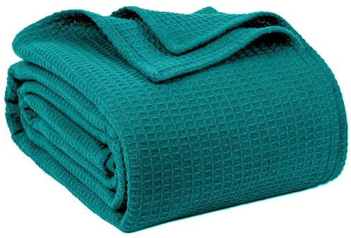 100% Cotton Blankets for Bed - Waffle Weave Blankets for Summer, Lightweight and Breathable Soft Woven Blanket for Spring (Teal, Queen (90 x 90))
