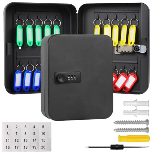 20-Key Cabinet with Combination Lock, Wall Mounted Security Key Storage Box | Cabinet Box with Resettable Code, Lockable Box with 4 Colour Tags, Labels Stickers, Dual-Head Screwdriver