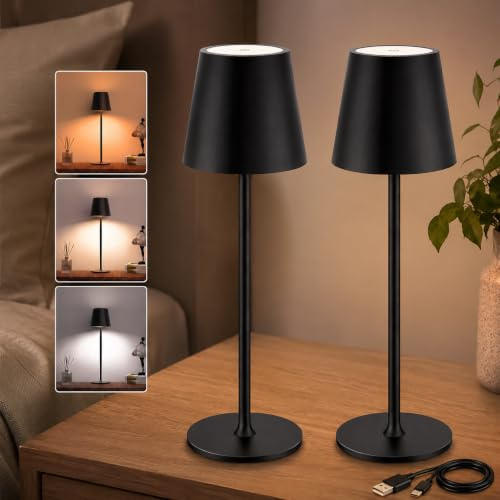 PRIME ESSENTIALS® PACK AHORRO 2 Lámparas LED de Mesita de Noche Color Negro para Dormitorio sin Cables I Lámpara Táctil de Mesa de Lectura Recargable I 3 Modos de Luz con Brillo y Altura Ajustable.