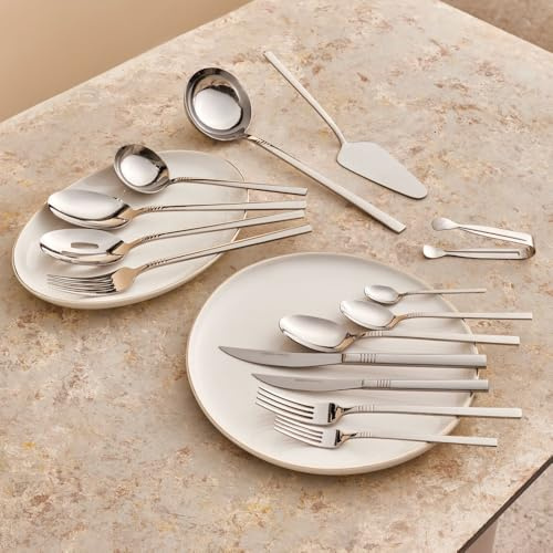 Karaca Karaca Nil Elegance Bestecksets - 18/10 Edelstahl Besteck Set für 12 Personen Spülmaschinenfest Rostfrei Besteckset 91-teilig Servierbesteck & Löffel, Messer und Gabel Set Essbesteck - Silber