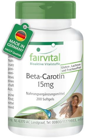 fairvital Betakaroten 15mg, 200 mjuka gelkapslar, 15mg per kapsel motsvarar 25 000 IE, kvalitetskontrollerad och högdoserad, tillverkad i Tyskland