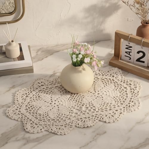 Häkeldeckchen, Vintage Deckchen Oval Handgehäkelte Tischdeckchen Baumwolle Spitzendeckchen Baumwolle Küche Esszimmer Kommoden Hochzeit Party Dekoration (Beige)