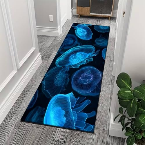 SOJAWA Leuchtende Quallen Unterwasserwelt Teppich Läufer, rutschfest Waschbar Kurzflor, 3D Tiefsee Ozean Design, Strapazierfähig Pflegeleicht Teppich für Flur Küche Wohnzimmer 60x180cm