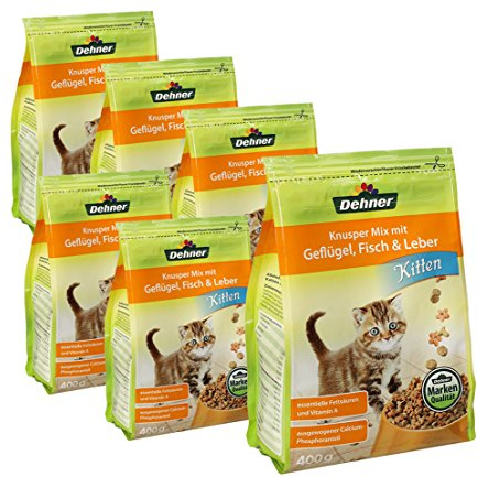 Dehner Katzenfutter Kitten Knusper-Mix, Trockenfutter, für junge Katzen, Geflügel / Fisch / Leber, 6 x 400 g (2.4 kg)