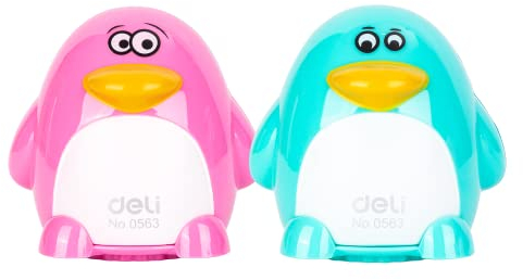DELI Mini Bleistiftspitzer (Pinguin) im drei verschiedenen Farben, Doppelloch Bleistiftspitzer mit canister ideal für Kinder, Schule, Zuhause