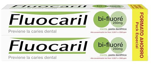 Fluocaril Bi-Fluoré 250 mg Pasta Dentrífica Anticaries Sabor Menta Previene la caries dental, Protege el esmalte, Eficacia Clínicamente Probada Pack de 2x125 ml